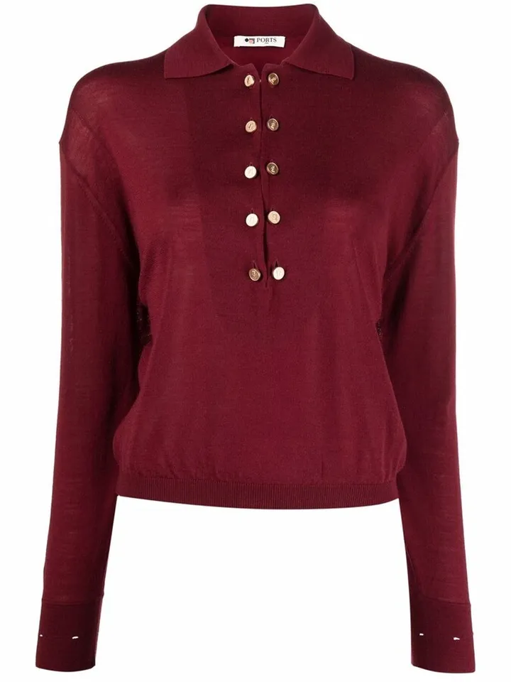 Long-Sleeve Wool Polo Top