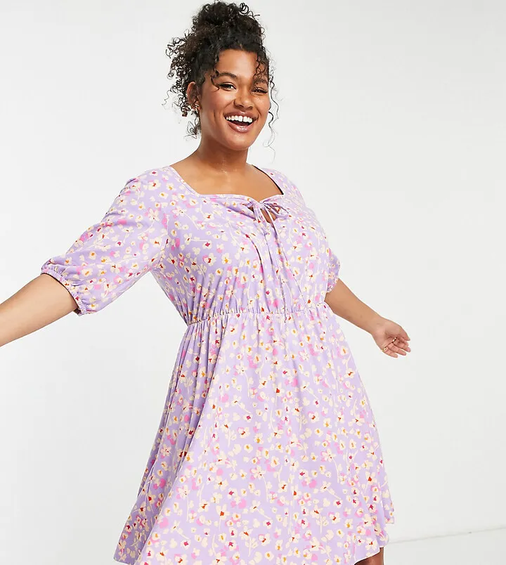 Simply Be tie front mini skater dress in purple floral