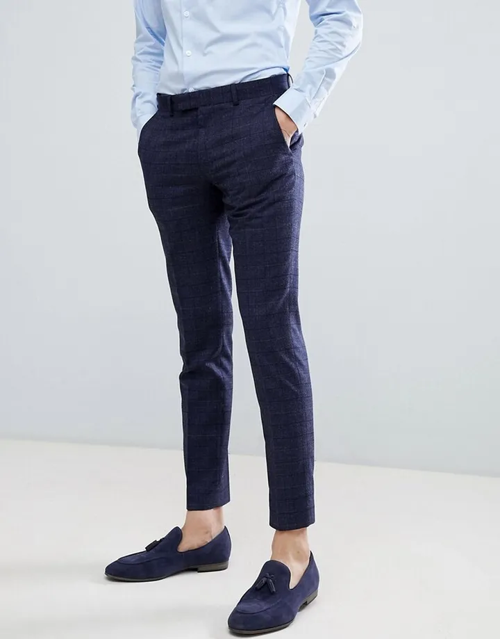 Moss London wedding skinny suit pants in navy check