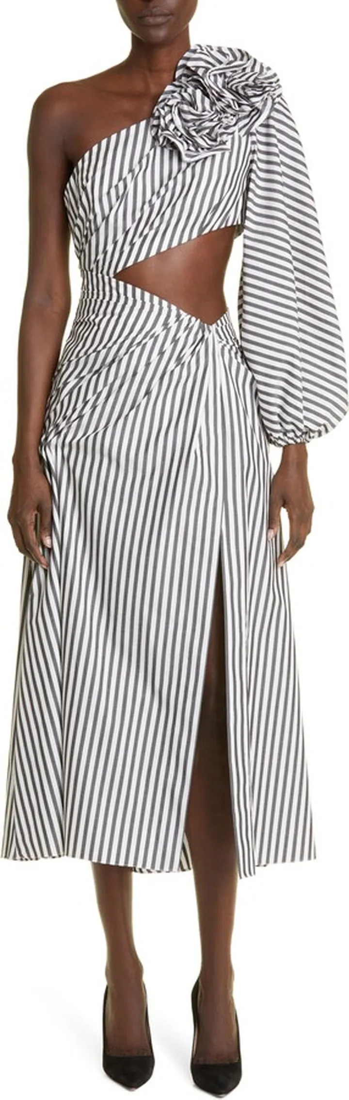 Stripe Cutout One-Shoulder Cotton Gown