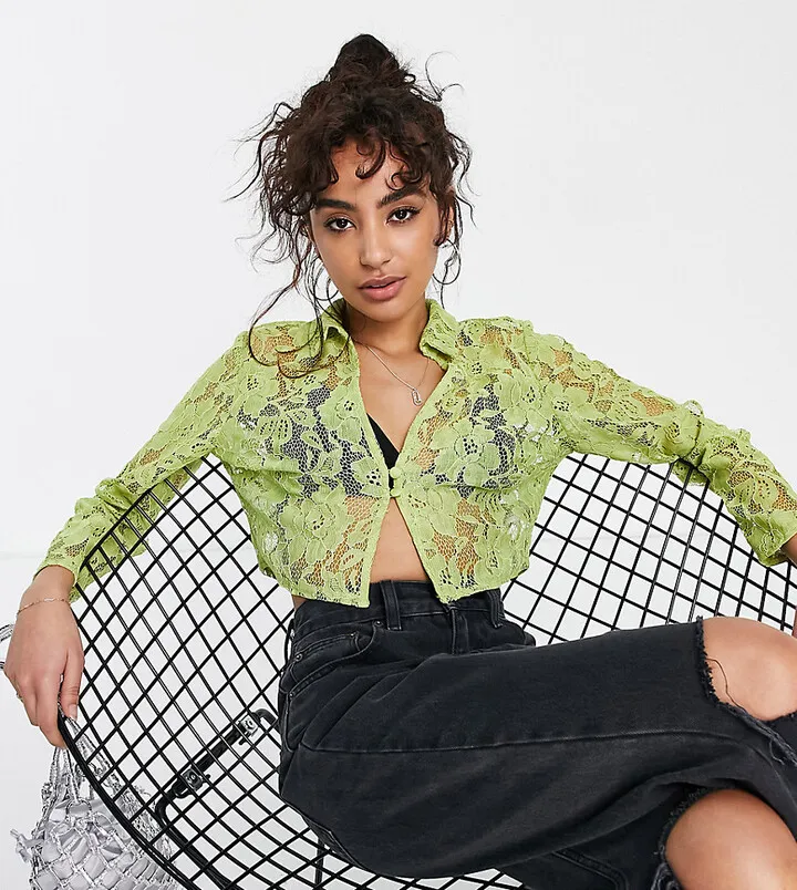 ASOS DESIGN Petite slim fit lace shirt in green