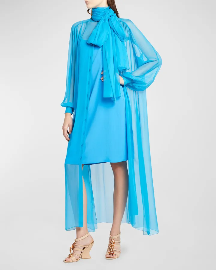 Neck-Tie Silk Chiffon Midi Shirtdress