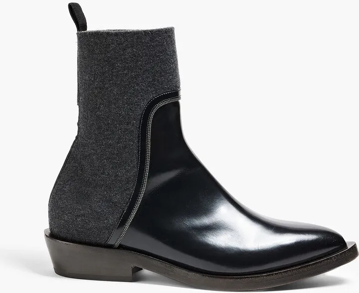 Knit-paneled leather ankle boots