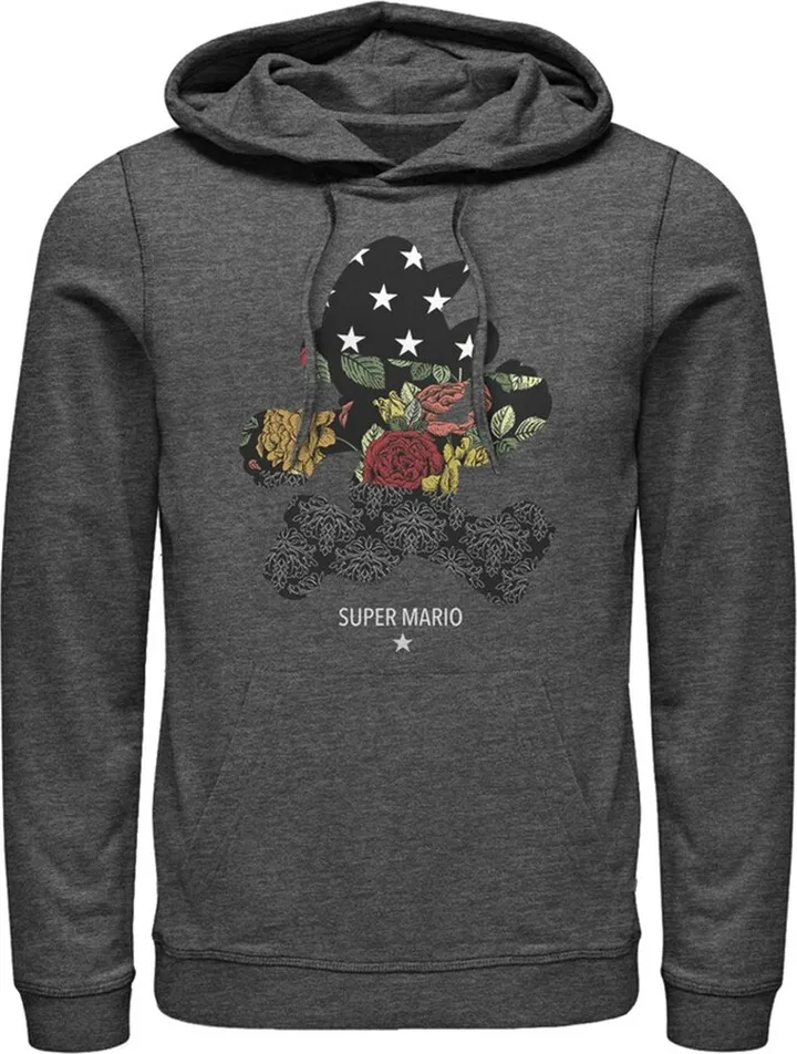 Men's Nintendo Mario Ornate Pattern Pull Over Hoodie - Charcoal Heather - Medium