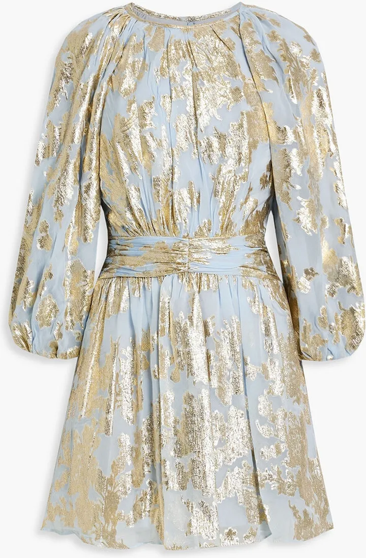Ruched metallic fil coupé silk-blend chiffon mini dress