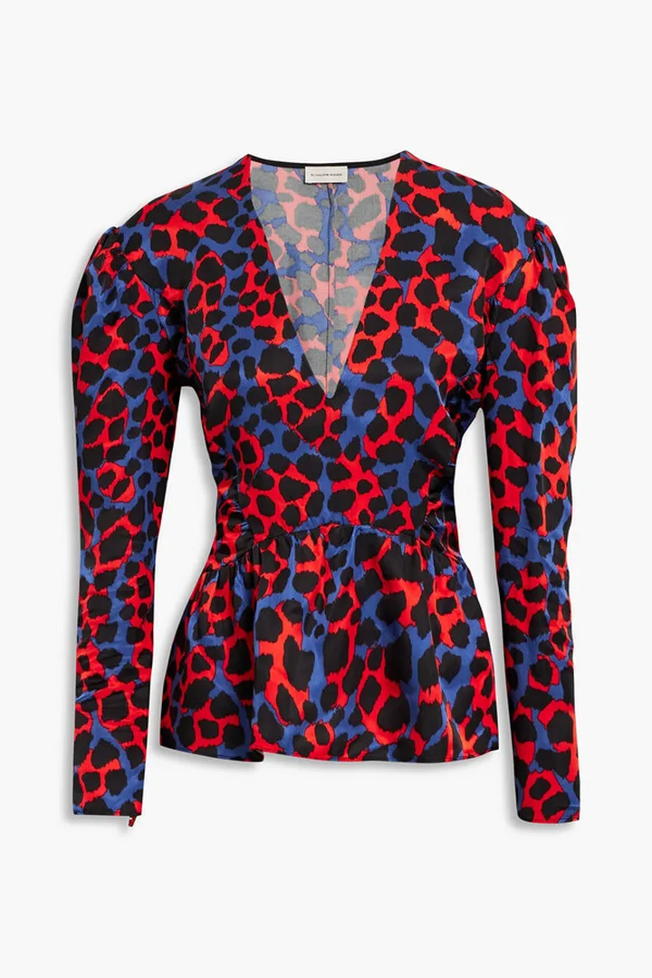 Orites gathered leopard-print satin peplum top