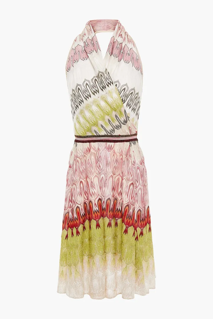 Wrap-effect metallic crochet-knit halterneck dress