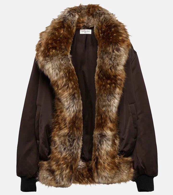 Faux fur-trimmed satin bomber jacket