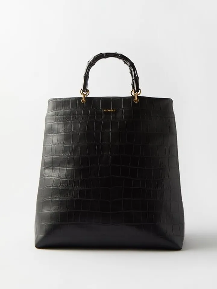 Bamboo-handle Croc-effect Leather Tote Bag
