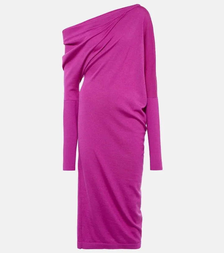 One-shoulder cashmere and silk midi dress