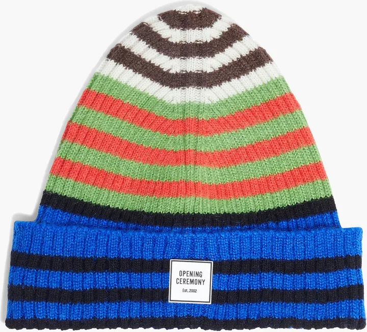 Appliquéd striped ribbed-knit beanie