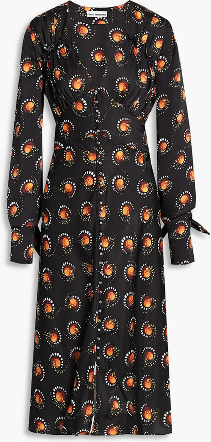 Ruffle-trimmed printed satin midi dress
