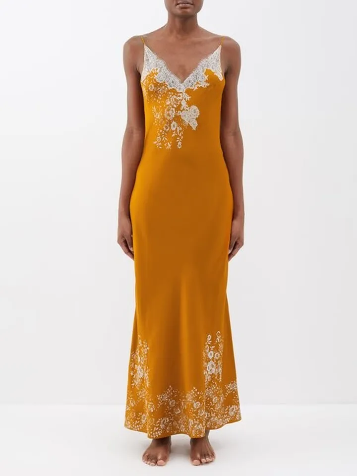 Floral-print Lace-trim Silk-satin Slip Dress