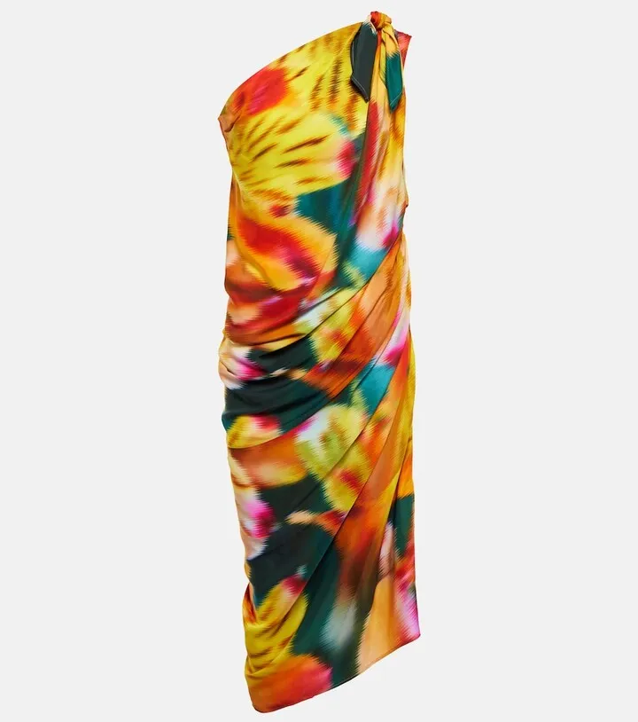 One-shoulder draped floral midi dress