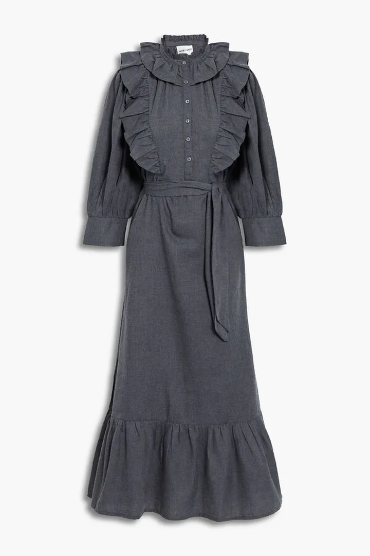 Lova belted ruffled cotton-flannel midi dress
