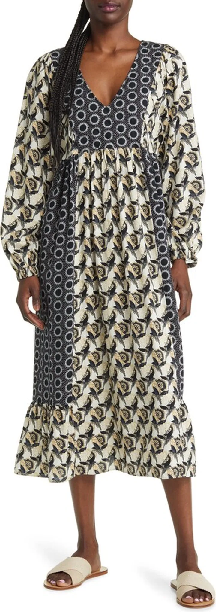 Patchwork Long Sleeve Cotton Midi Dress