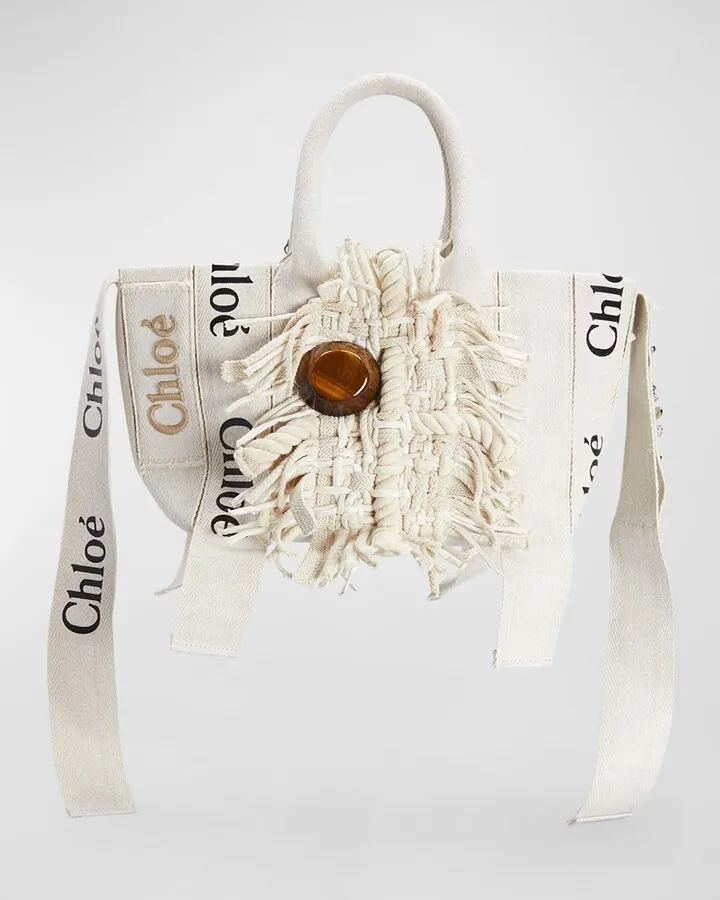 Woody Small Logo Fringe Canvas Tote Bag