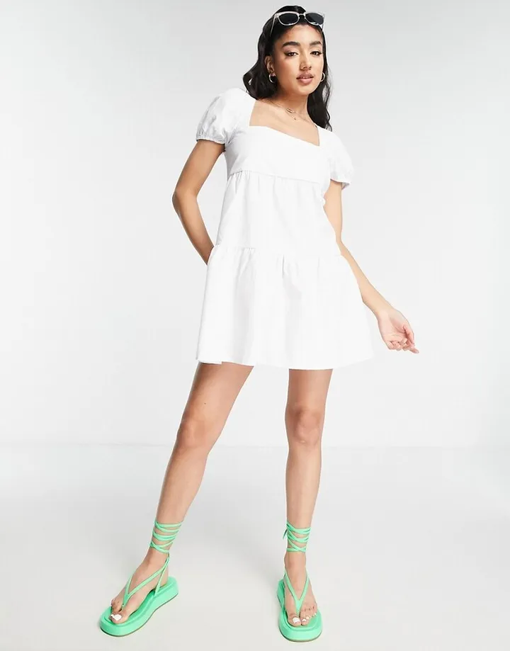 Stradivarius cotton smock mini dress in white