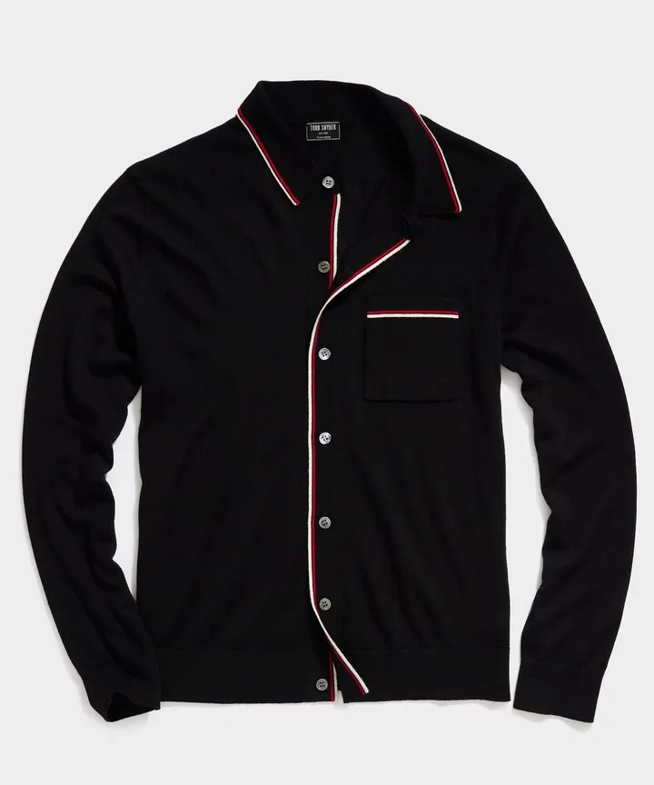 Long Sleeve Merino Tipped Full Placket Polo in Black