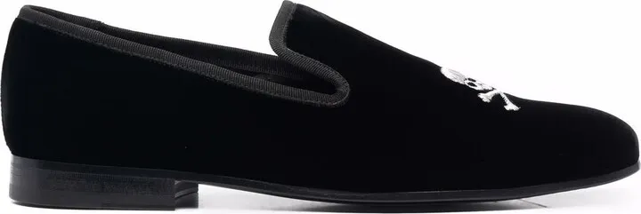 Skull Embroidery Velvet Loafers