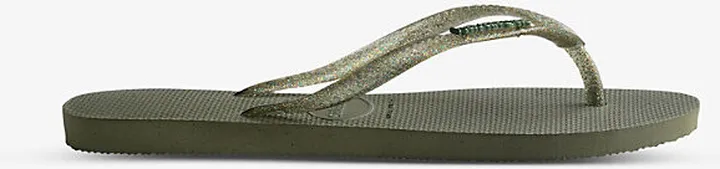 Womens Green Slim Metallic-logo Rubber Flip-flops
