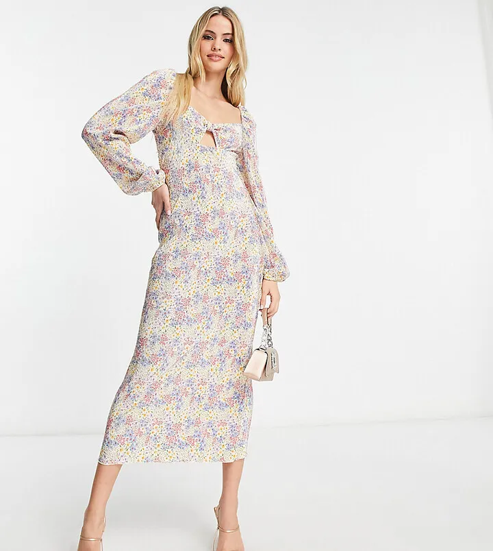 ASOS DESIGN Tall plisse long sleeve bust detail midi dress in blue ditsy floral