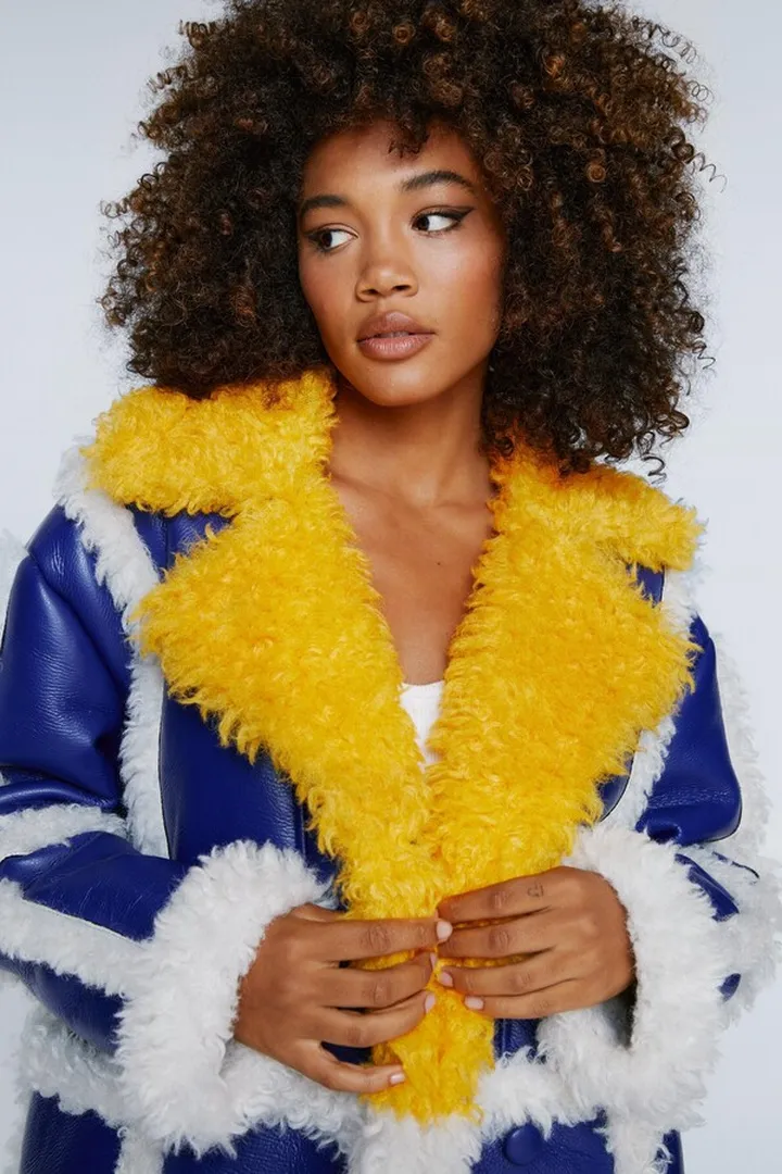 Nasty Gal Womens Cobalt Faux Leather Borg Lined Coat