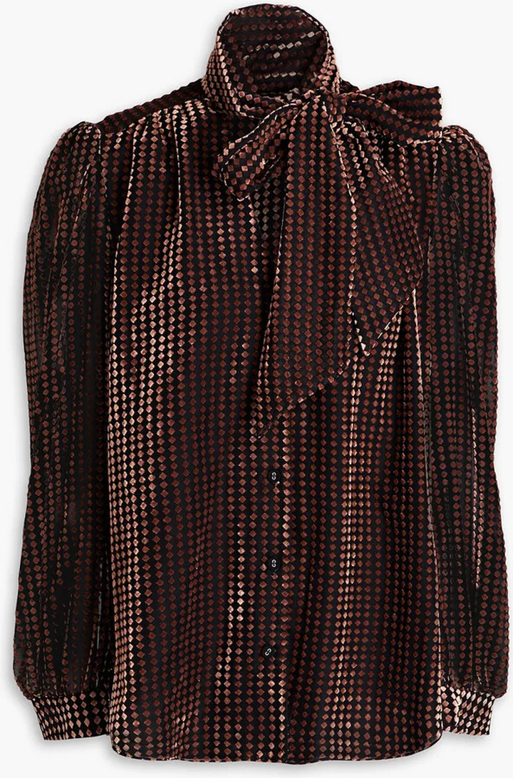 Harvey pussy-bow flocked tulle blouse