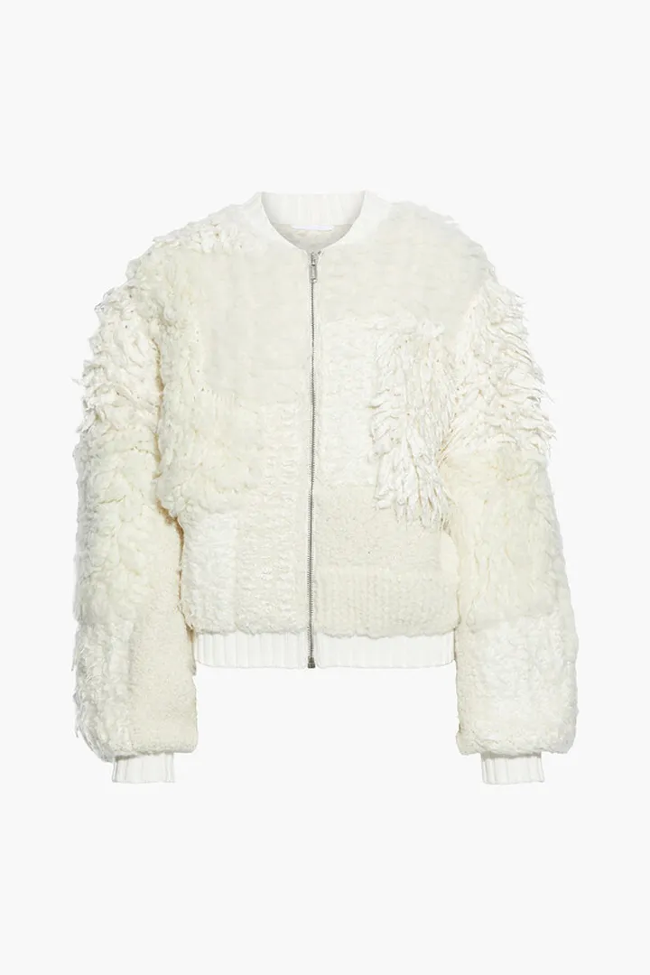 Paneled bouclé-knit bomber jacket