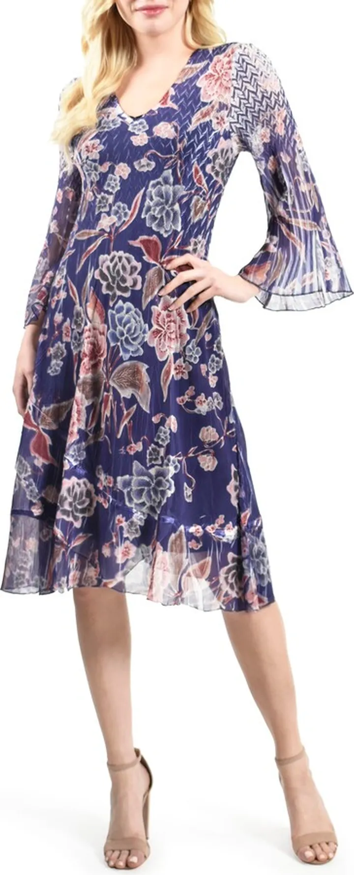 Floral Print Bell Sleeve Chiffon & Charmeuse Cocktail Dress