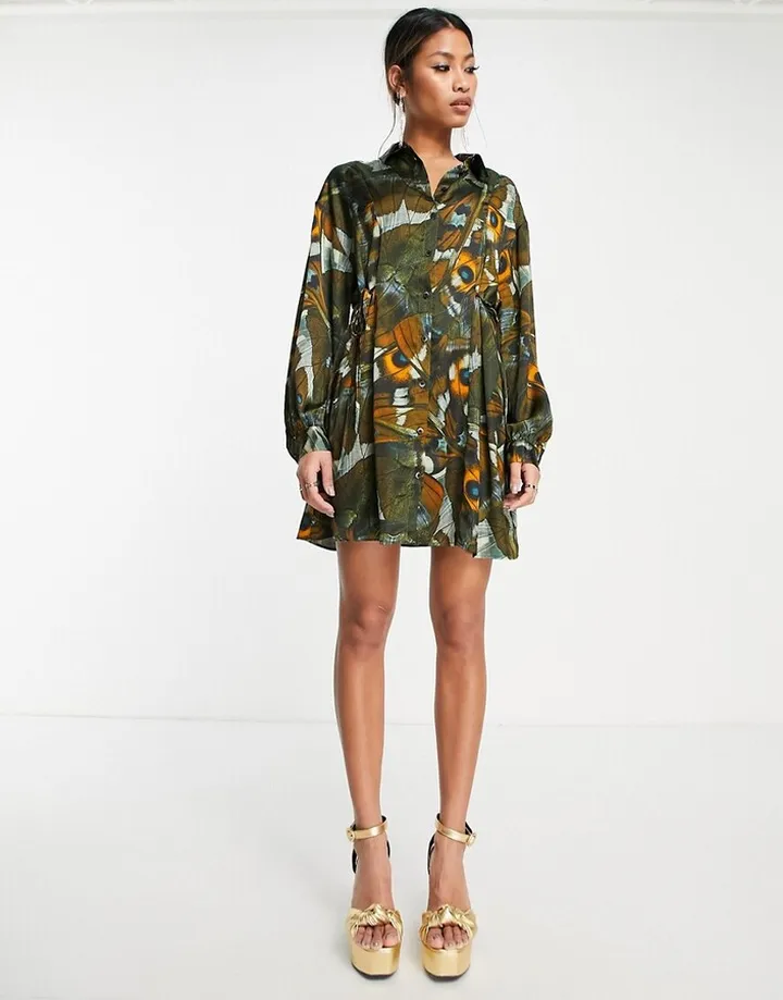 Topshop nature print mini shirt dress in multi