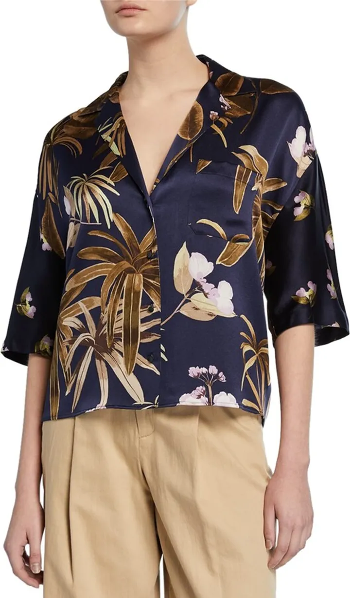 Mixed Tropical Garden Button-Front Satin PJ Shirt