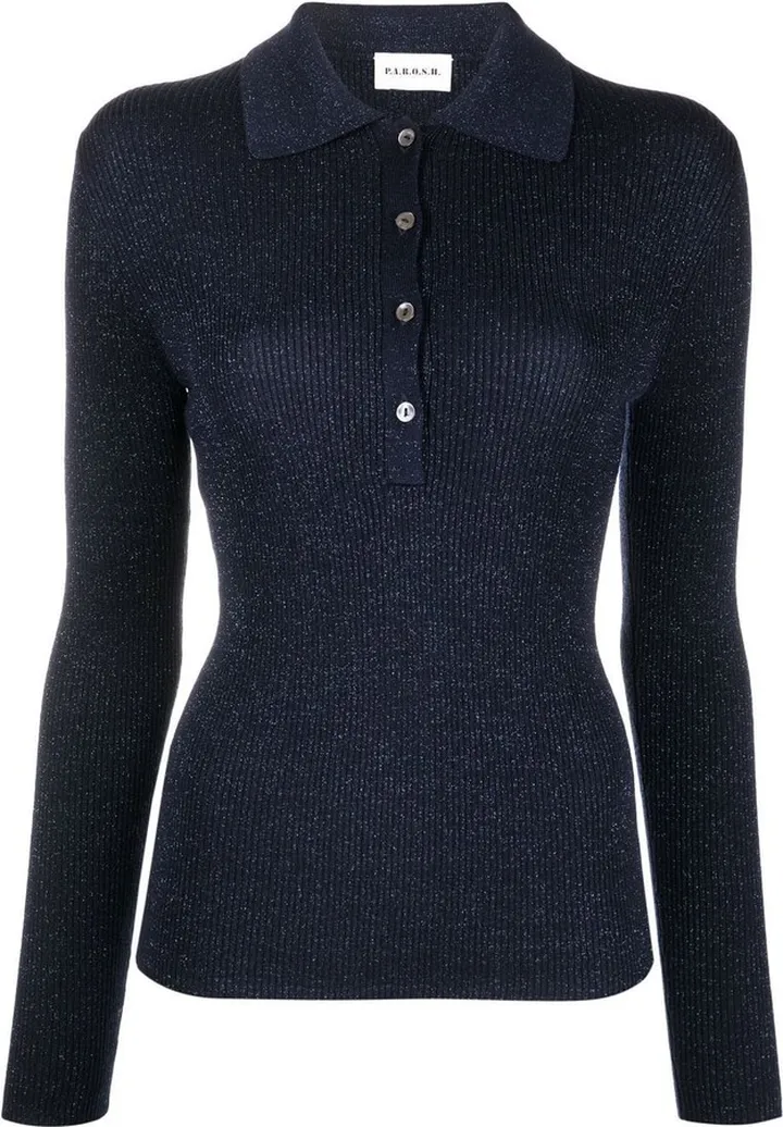 Glitter Ribbed-Knit Polo Top