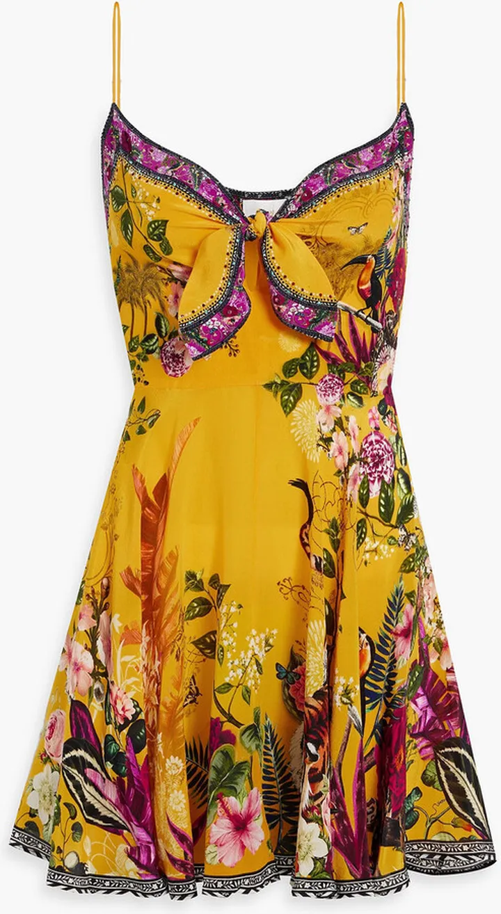 Embellished floral-print silk crepe de chine mini dress