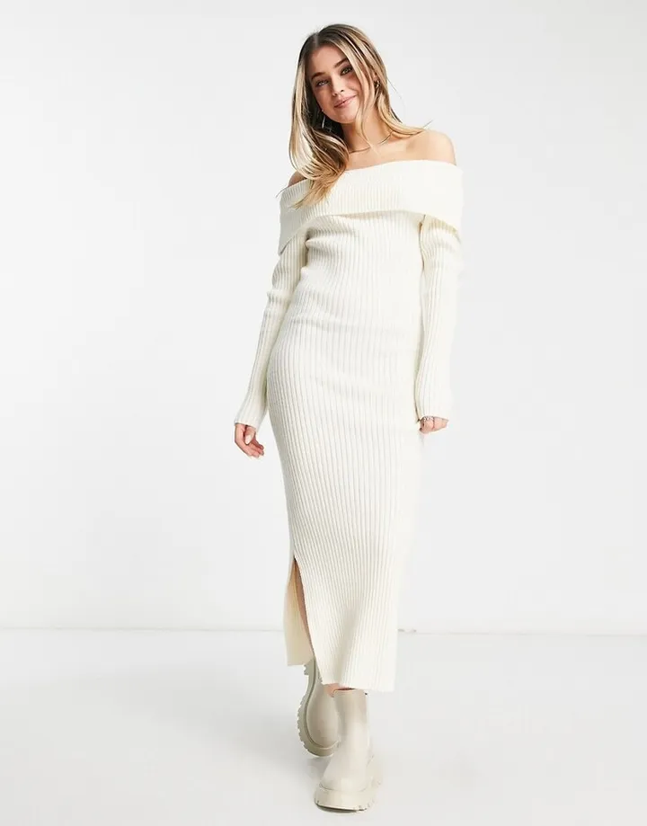 QED London off shoulder ribbed knit midi dress in oatmeal