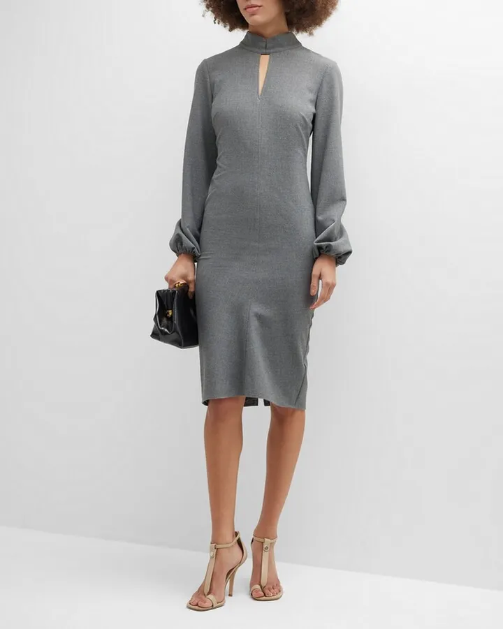 Cutout Blouson-Sleeve Midi Dress