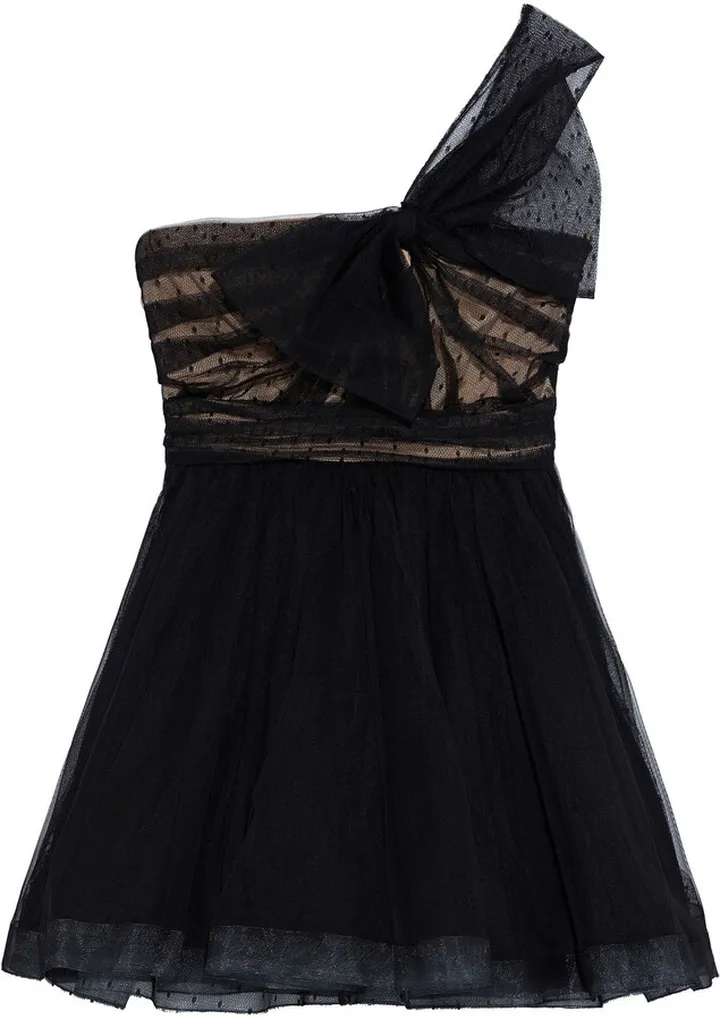 One-shoulder bow-embellished point d'esprit and tulle mini dress