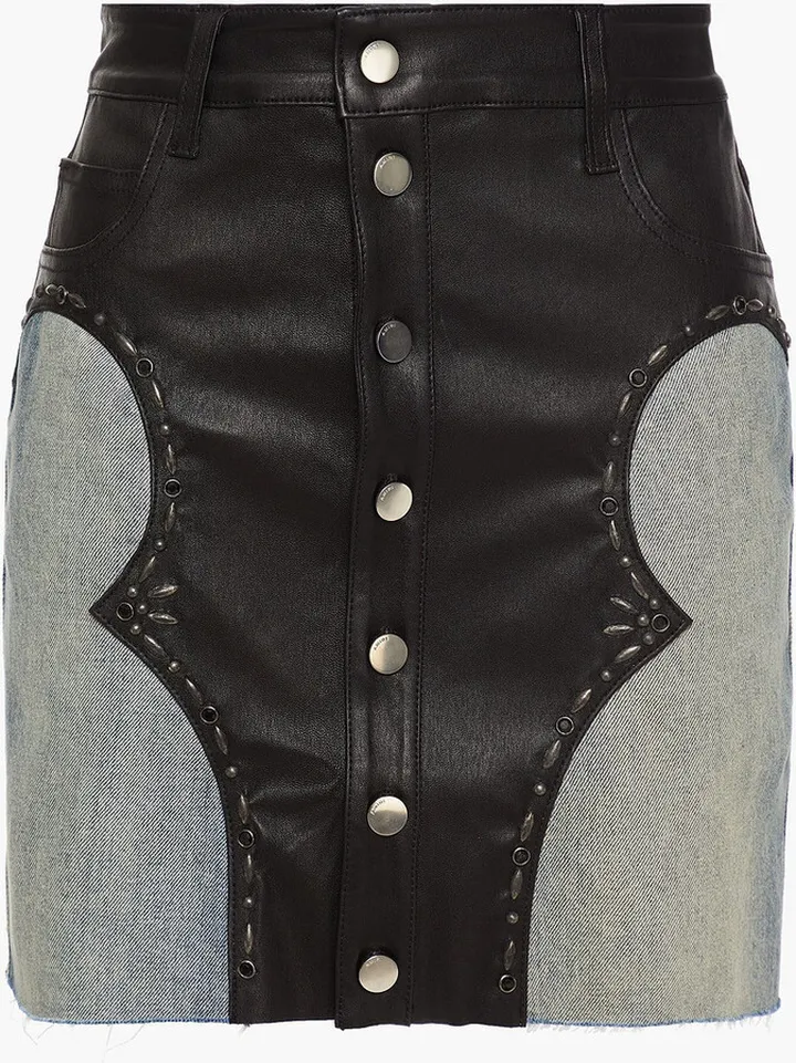 Denim-paneled studded leather mini skirt