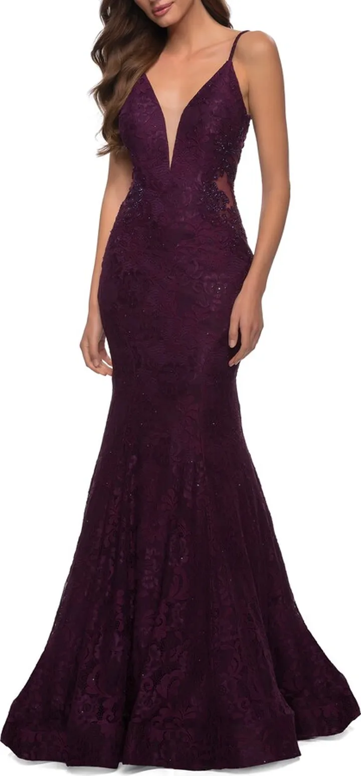 Rhinestone Detail Long Mermaid Lace Dress