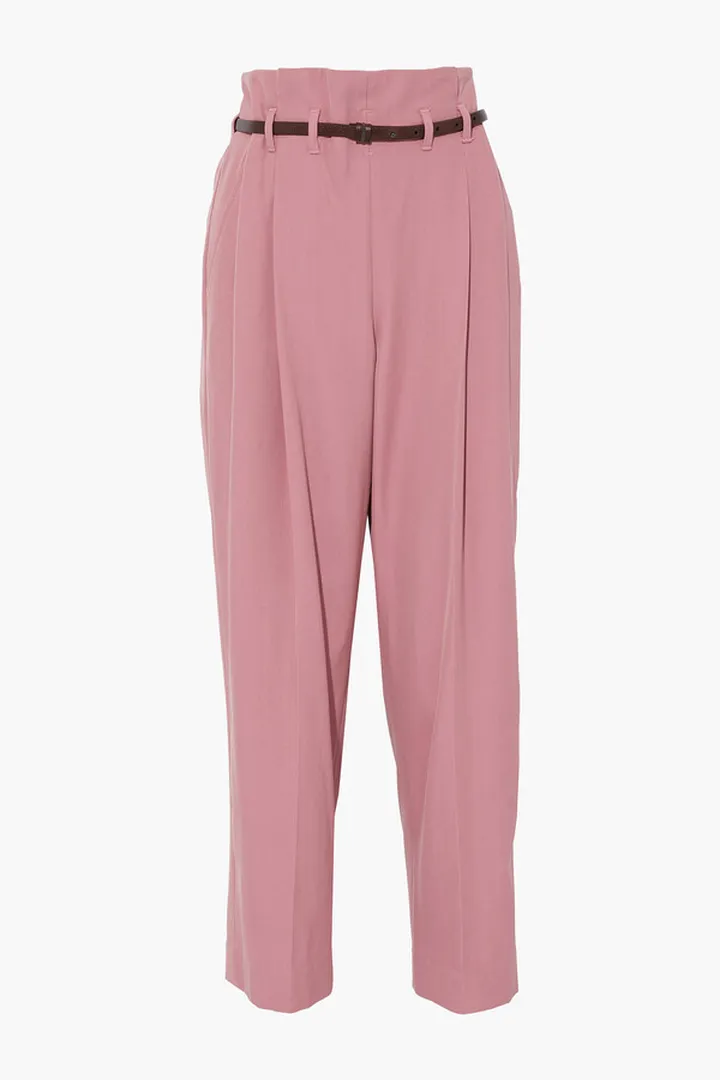 Cropped belted wool and cotton-blend twill wide-leg pants
