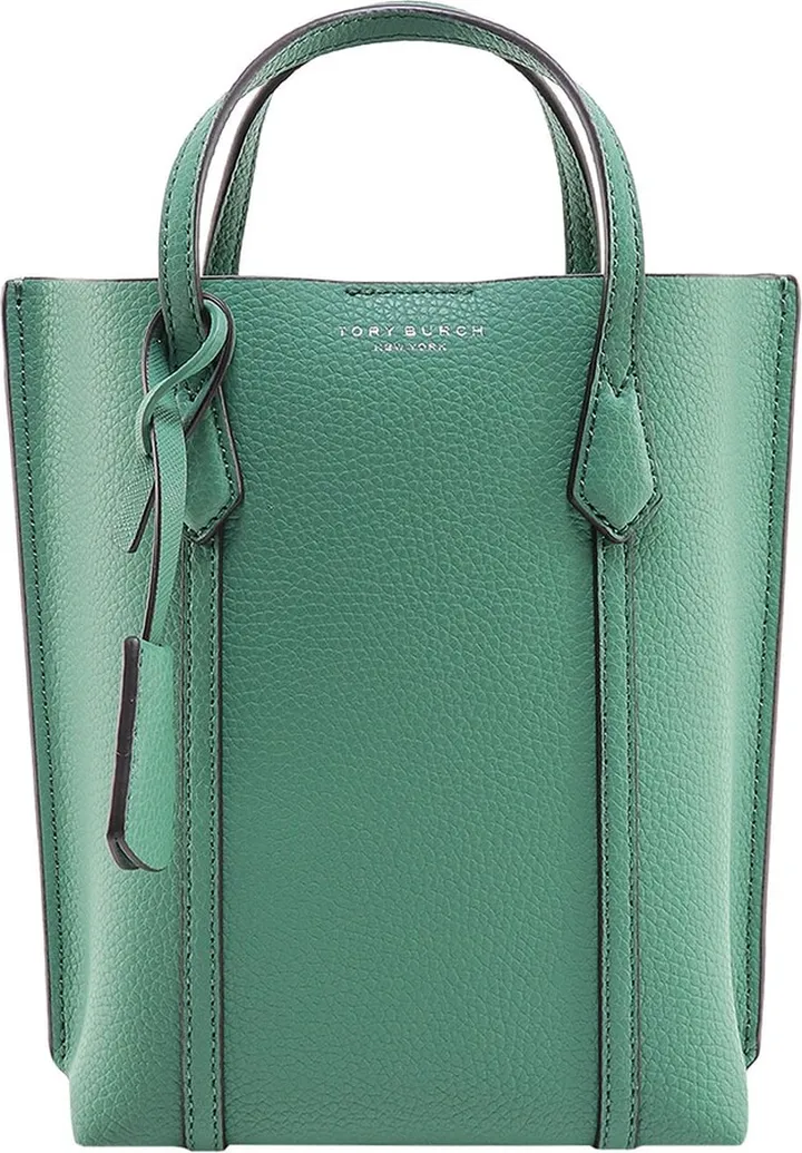 Leather handbag with metal logo charm