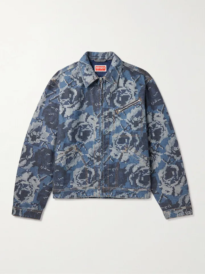 Pixel Rose-Print Denim Jacket