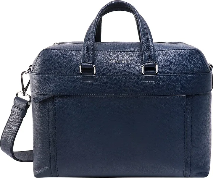 Leather briefcase with frontal logo