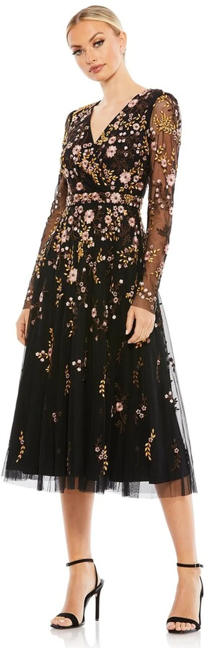 Embroidered Wrap Over Illusion Sleeve Midi Dress