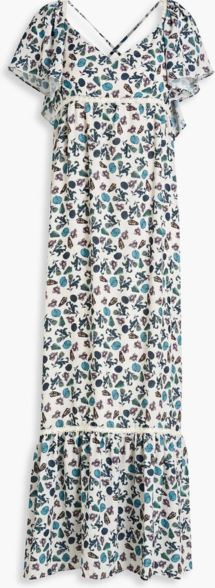 Printed crochet lace-trimmed crepe midi dress