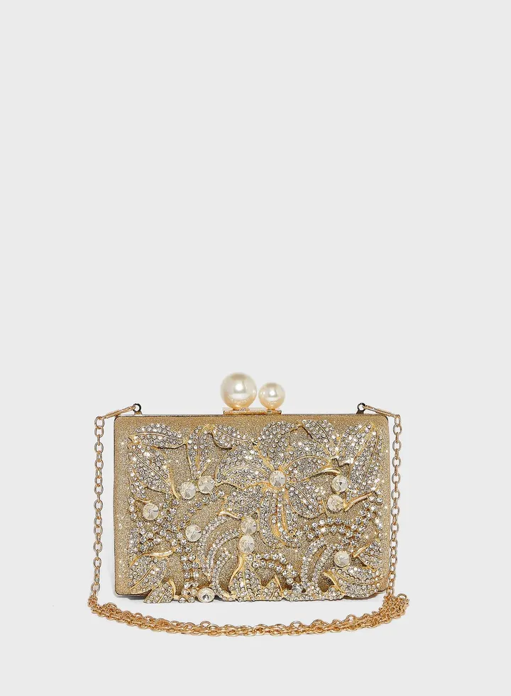 Diamante Leaf Embellished Clutch Bag