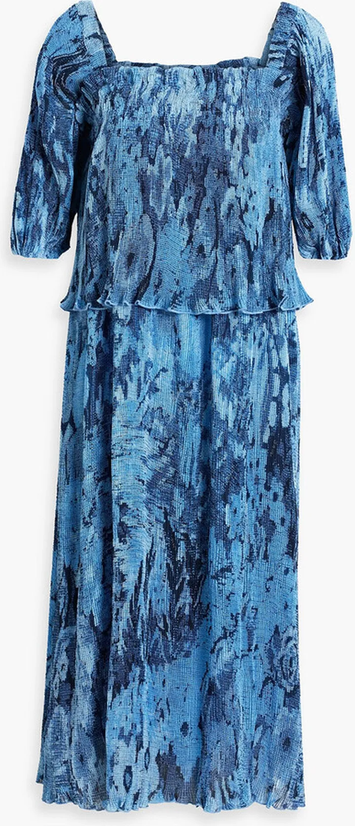 Shirred printed plissé-chiffon midi dress