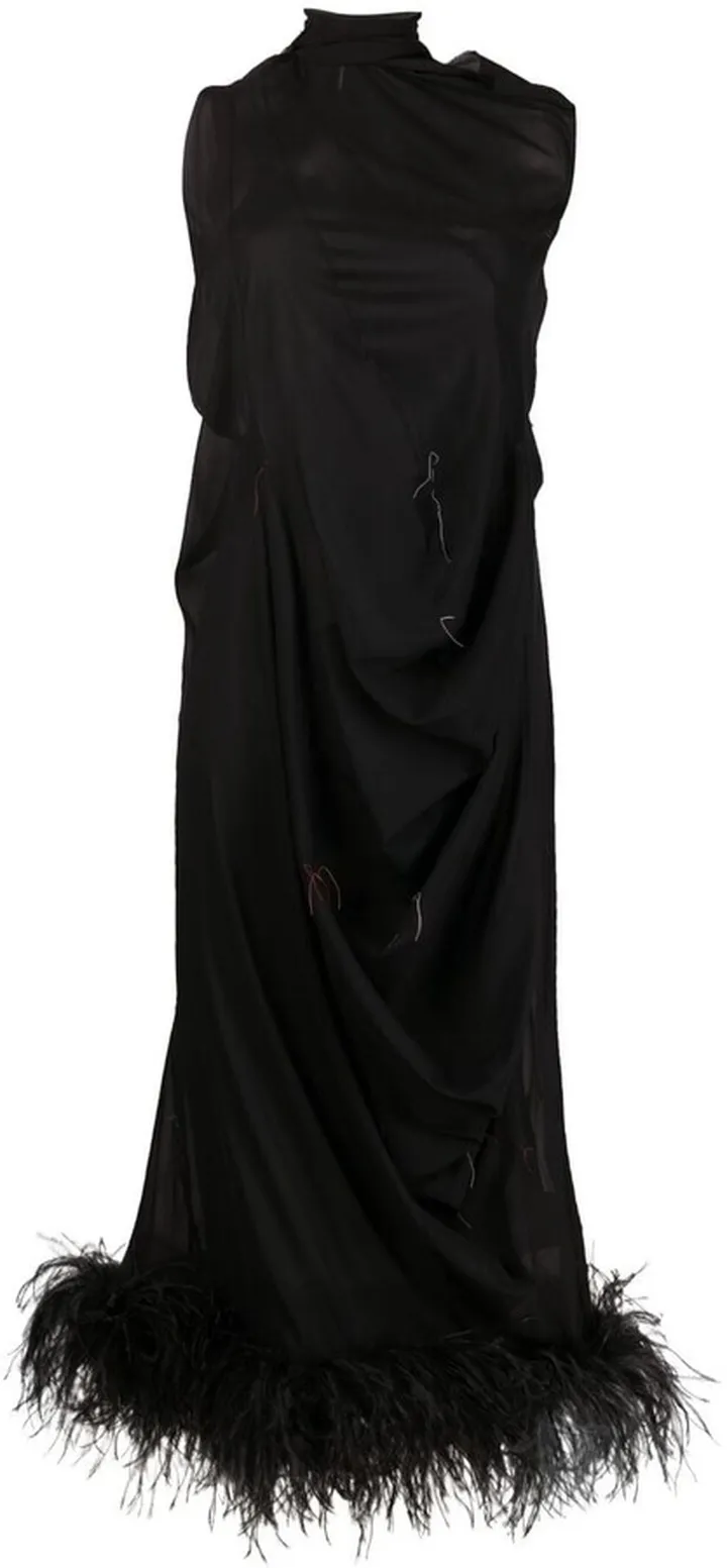 Feather-Trim Long Dress