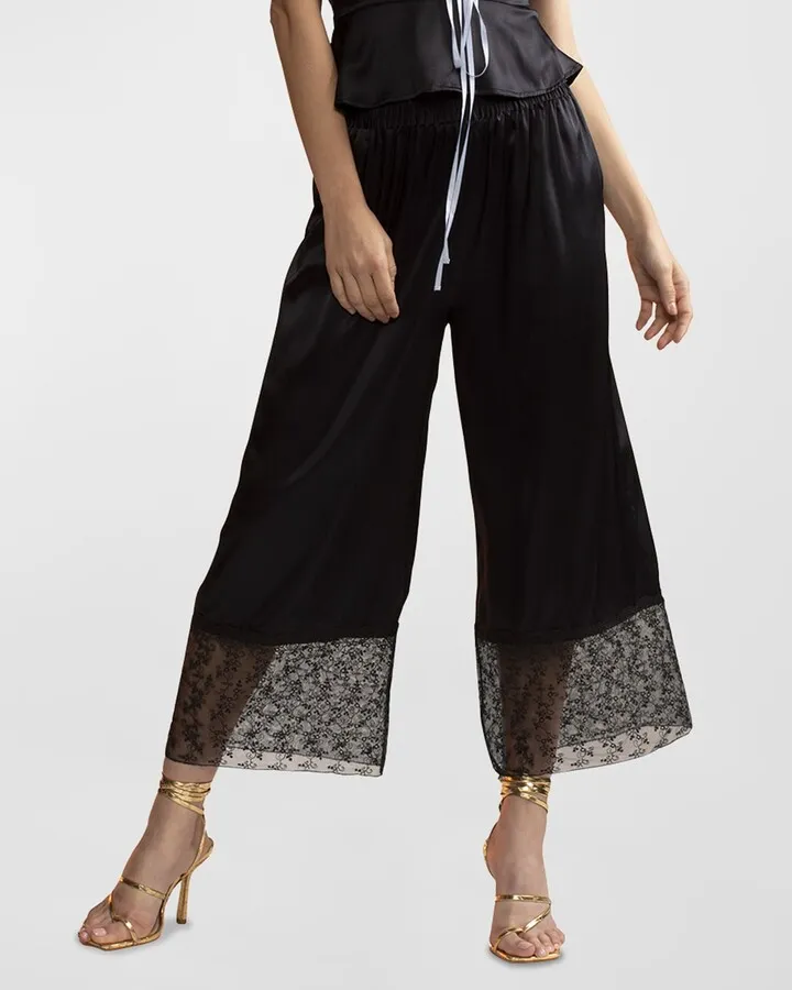 Wide-Leg Lace-Trim Silk Pants