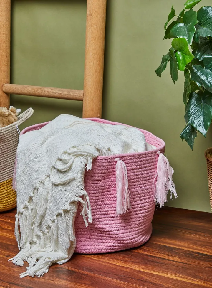 Pink Woven Storage Basket With Tassels